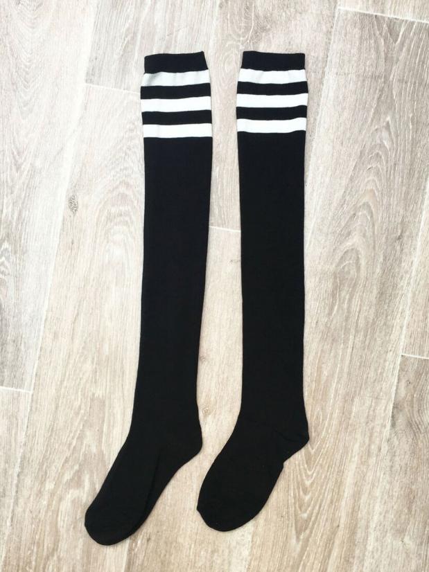 Lunalae Thigh High Socks - Black With White Stripe
