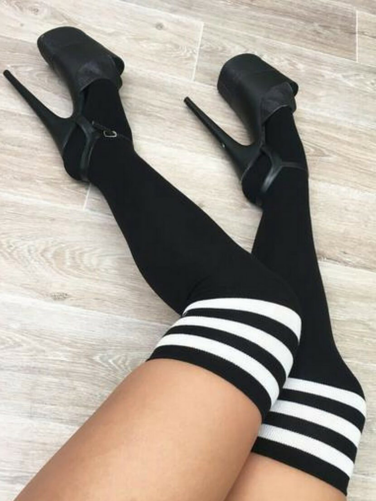 Lunalae Black Thigh High Socks With White Stripe
